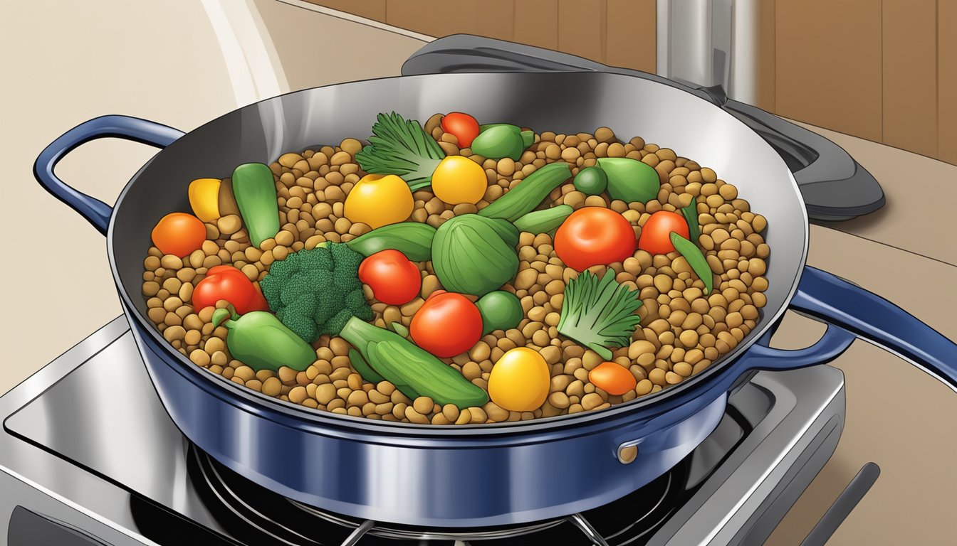 A colorful array of fresh vegetables and lentils simmering in a pot on a stovetop