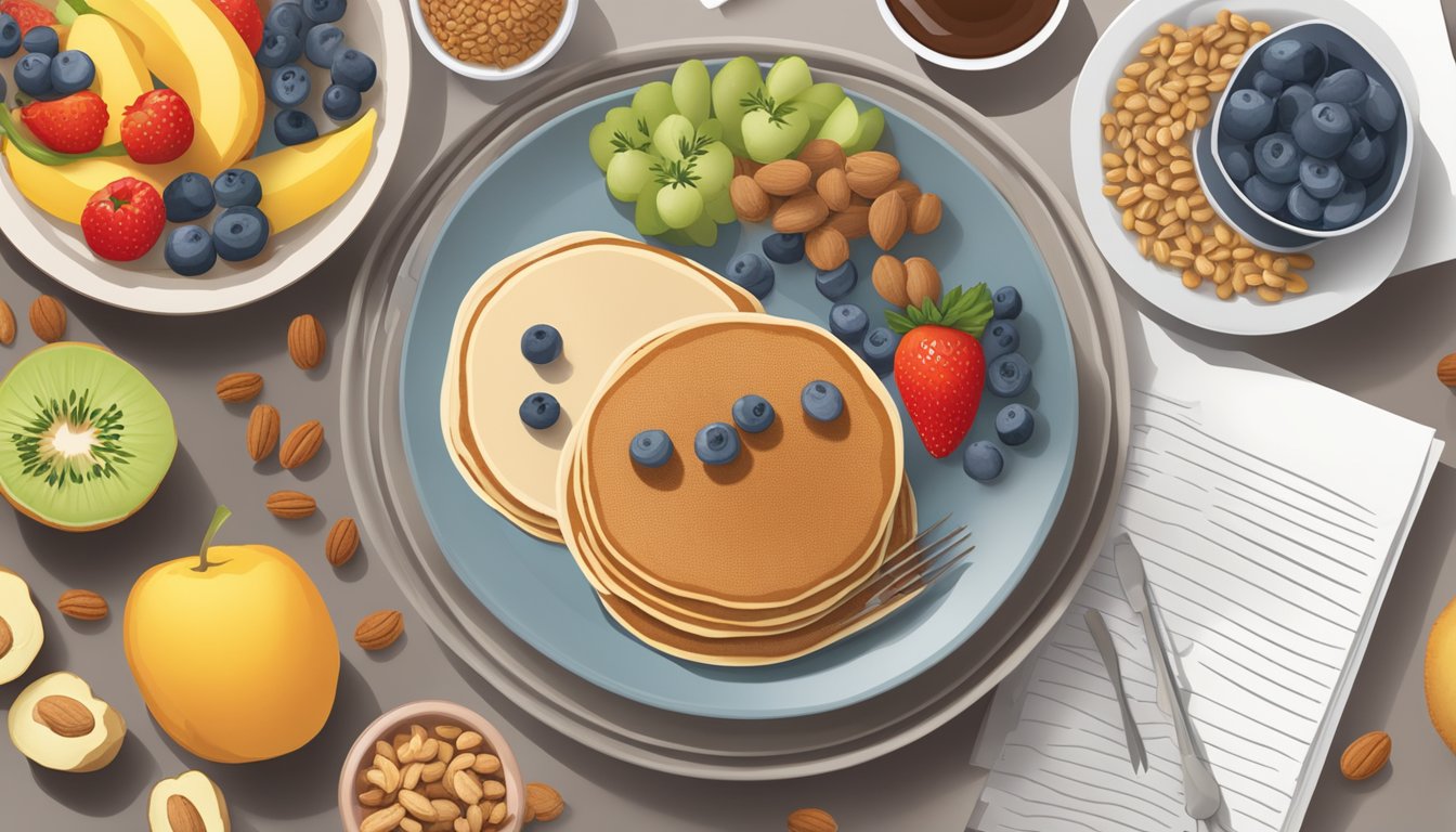 A plate of buckwheat pancakes surrounded by high-fiber foods like fruits, vegetables, and nuts, with a diabetic meal plan booklet nearby