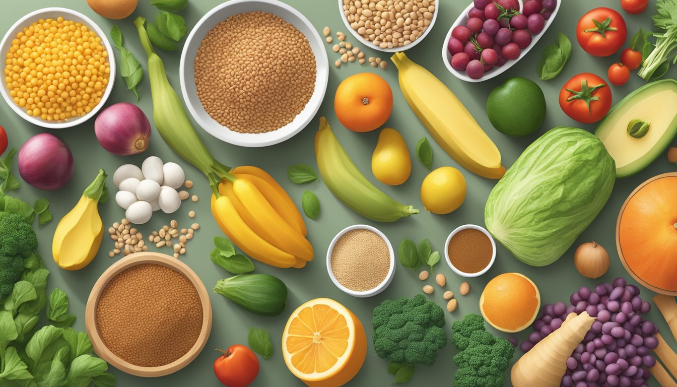 A colorful array of high-fiber foods, including fruits, vegetables, whole grains, and legumes, arranged on a clean, modern kitchen countertop