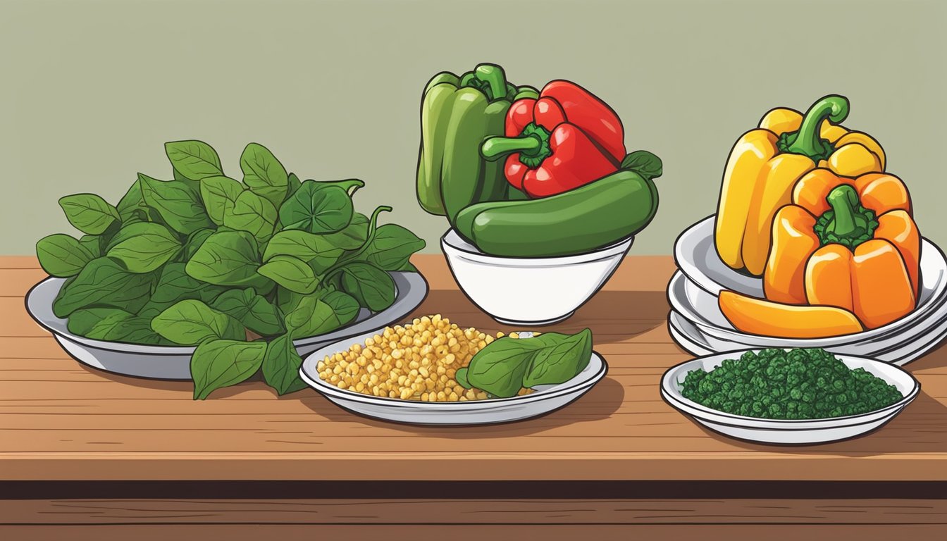 A colorful array of bell peppers, filled with a mixture of spinach and feta, arranged on a rustic wooden table next to a stack of budget-friendly diabetic meal plans