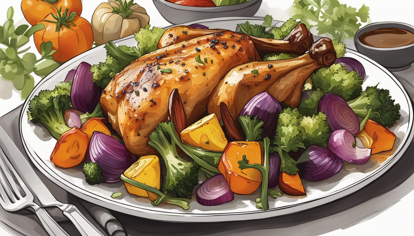 A colorful array of roasted vegetables surrounds a succulent balsamic-glazed chicken on a simple white plate