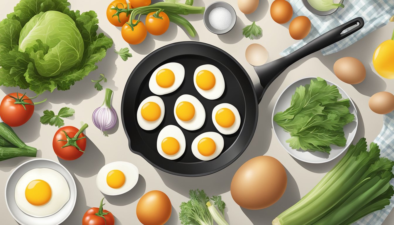 A colorful array of fresh vegetables, eggs, and a skillet on a kitchen counter