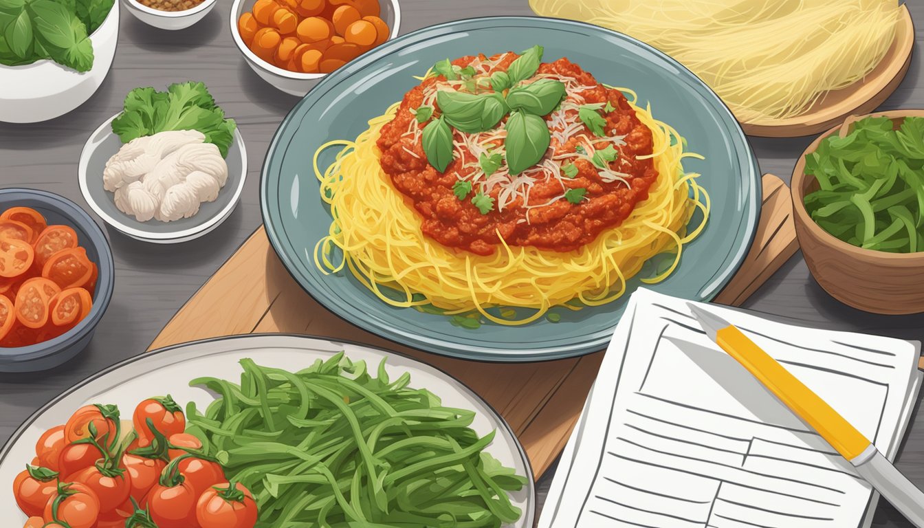 A steaming plate of spaghetti squash topped with turkey marinara, surrounded by fresh vegetables and a budget-friendly meal plan booklet