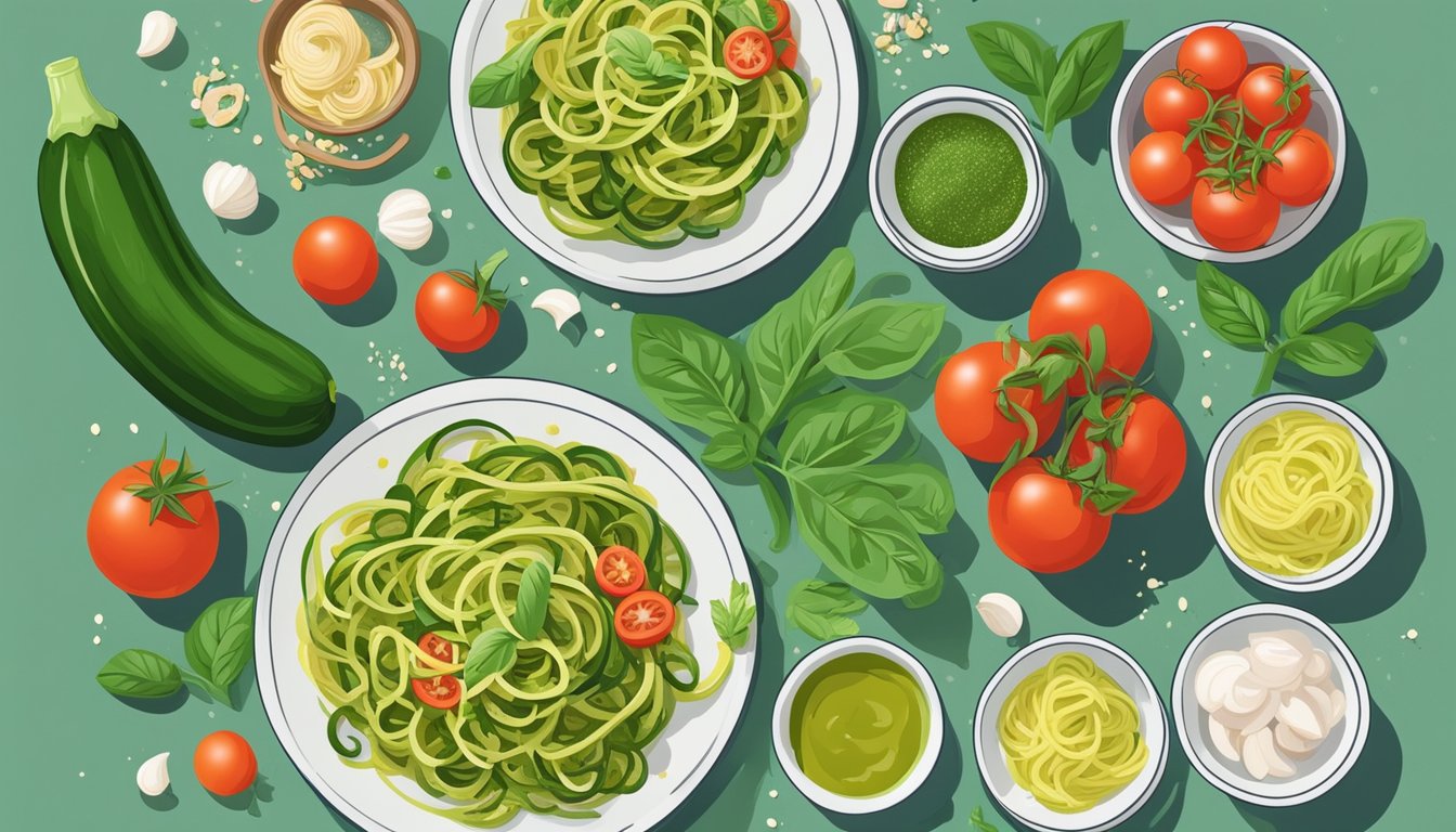 A plate of zucchini noodles topped with pesto surrounded by ingredients like tomatoes, garlic, and basil. A diabetes-friendly meal plan booklet sits next to the dish