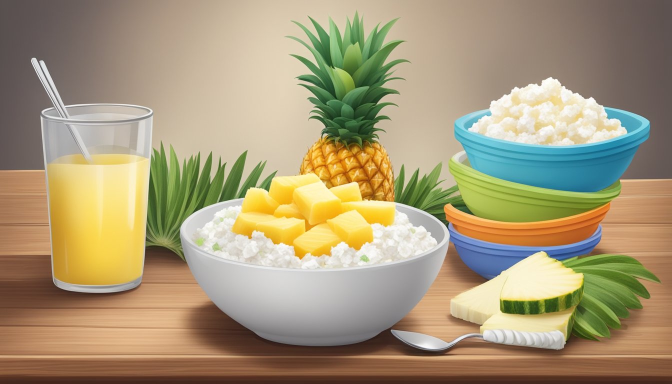 A bowl of cottage cheese topped with pineapple sits on a wooden table, surrounded by 13 meal plans for diabetics with Dawn Phenomenon