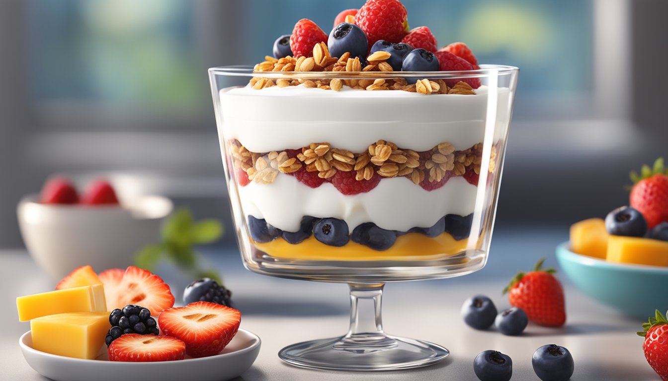 A glass parfait dish filled with layers of Greek yogurt, granola, and fresh berries, topped with a drizzle of honey