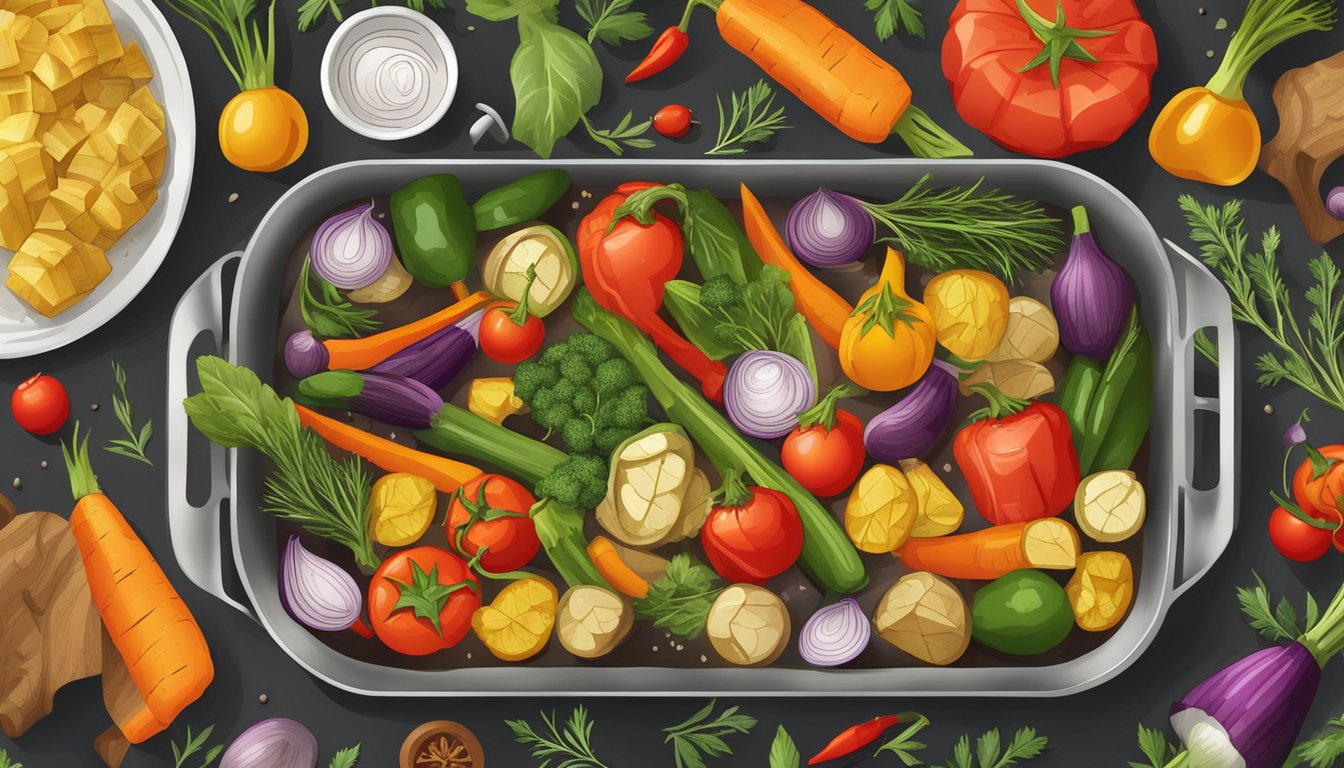 A colorful array of roasted vegetables sizzling in a pan, surrounded by a variety of herbs and spices