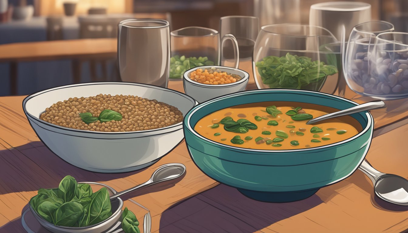 A steaming bowl of lentil soup with spinach sits on a dinner table, surrounded by a variety of healthy nighttime meal options