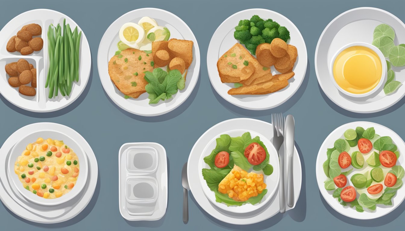 A table set with 13 different meal plans, each containing a balanced selection of foods tailored for diabetics managing dawn phenomenon