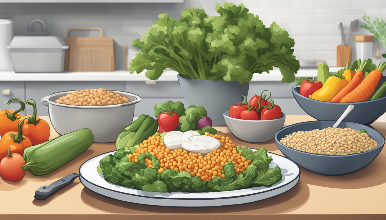 A kitchen counter with a variety of fresh vegetables, lean proteins, and whole grains. A cookbook open to a page titled "Budget-Friendly Diabetic Meal Plans" sits nearby