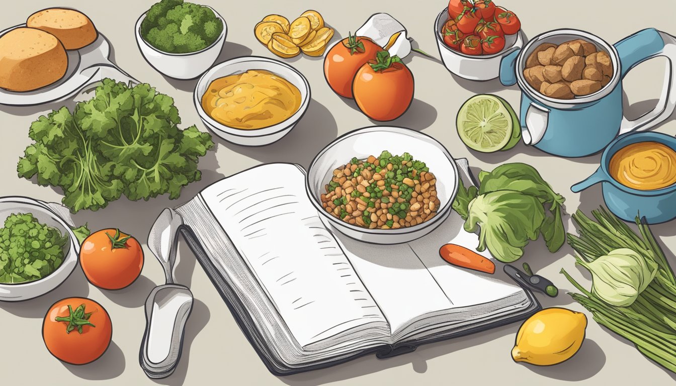 A kitchen counter with various fresh ingredients and cooking utensils laid out, with a cookbook open to a page titled "Budget-Friendly Diabetic Meal Plans."