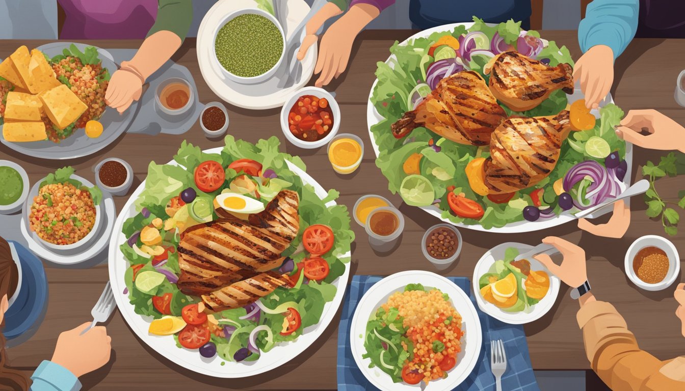 A family sitting around a table enjoying a colorful meal of grilled chicken and quinoa salad. Plates are filled with vibrant, healthy food, creating a warm and inviting atmosphere