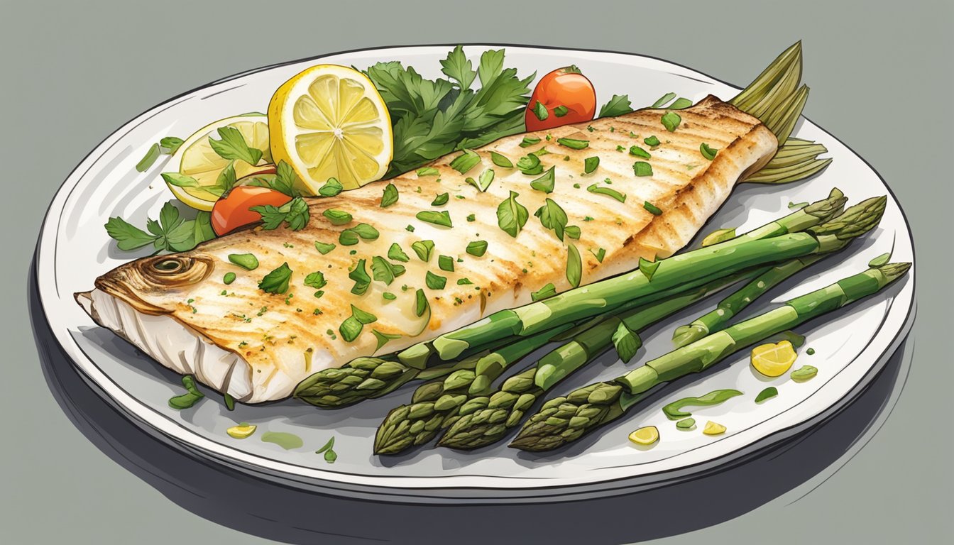 A plate of broiled cod and asparagus with a side of lemon, surrounded by a variety of fresh vegetables and herbs