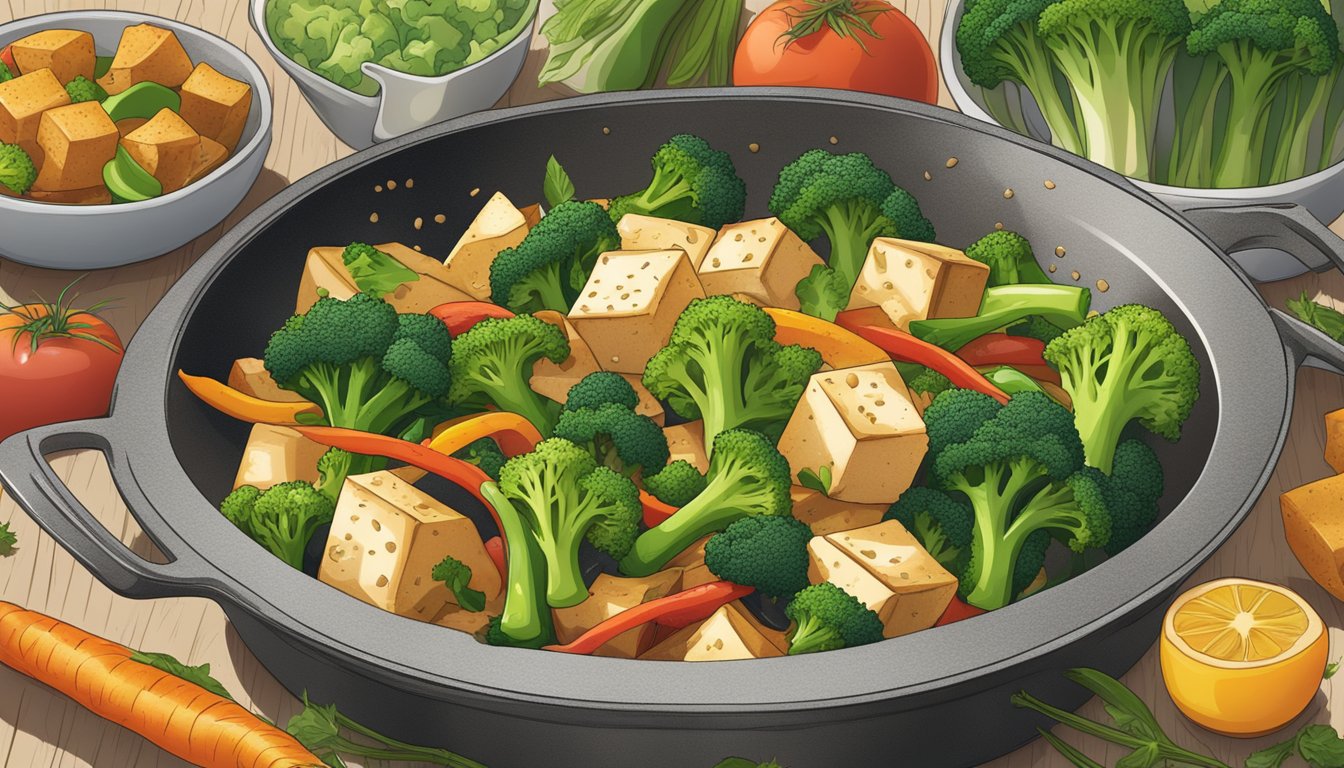 A sizzling skillet of tofu and broccoli stir-fry, surrounded by a variety of colorful vegetables and herbs