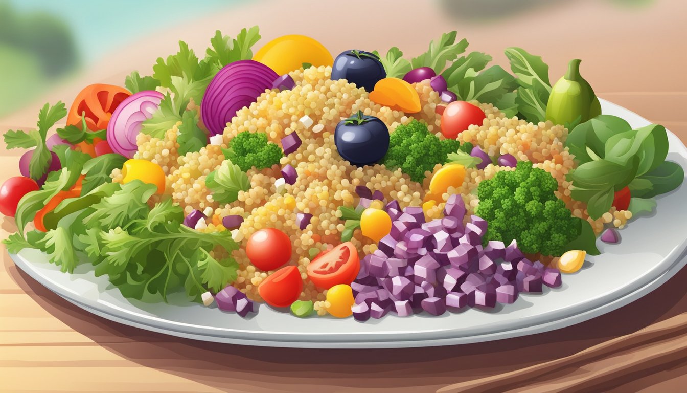 A colorful quinoa salad surrounded by an assortment of fresh vegetables arranged on a plate