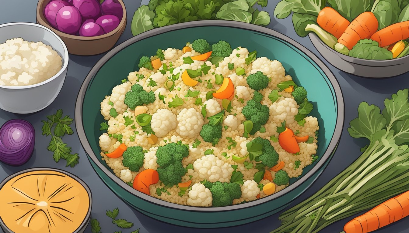 A colorful bowl filled with cauliflower rice, mixed vegetables, and protein, surrounded by vibrant ingredients and herbs