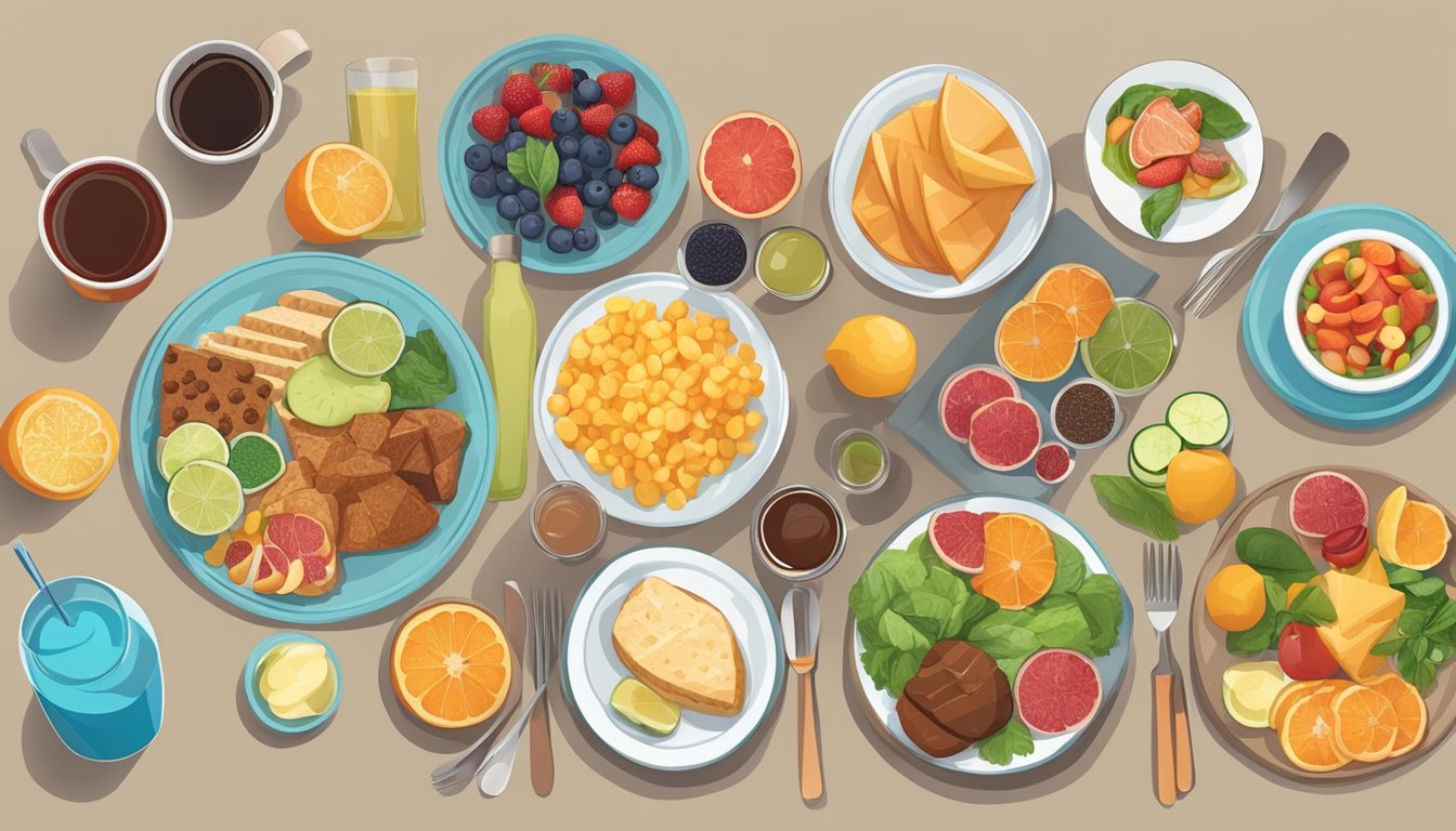 A table set with a variety of balanced, low-glycemic foods and drinks, with a focus on portion control and nutrient-dense options for managing blood sugar levels in diabetics