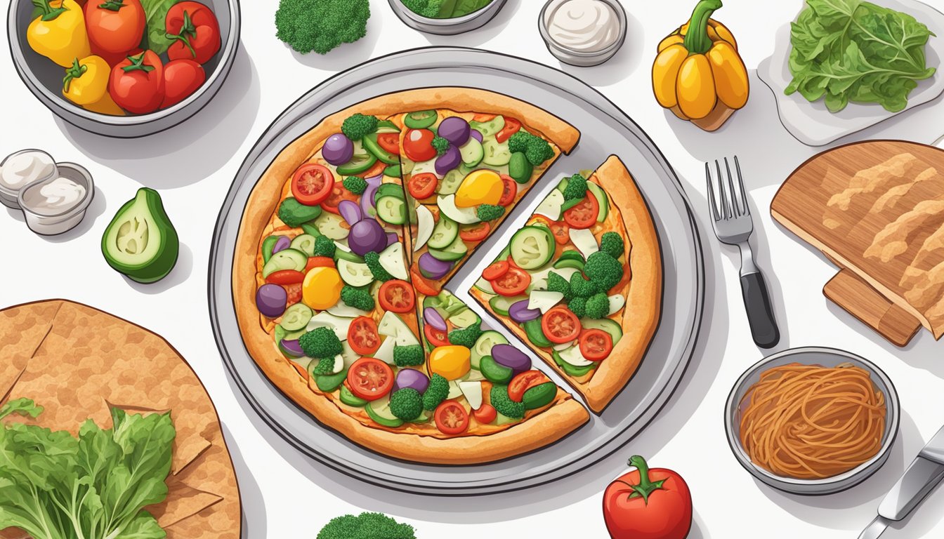 A colorful whole wheat veggie pizza on a plate, surrounded by portioned out ingredients according to the Diabetes Plate Method