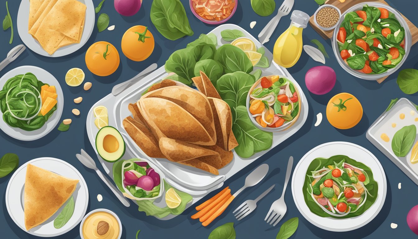 A colorful turkey and spinach wrap surrounded by a variety of healthy, balanced meal options on a plate