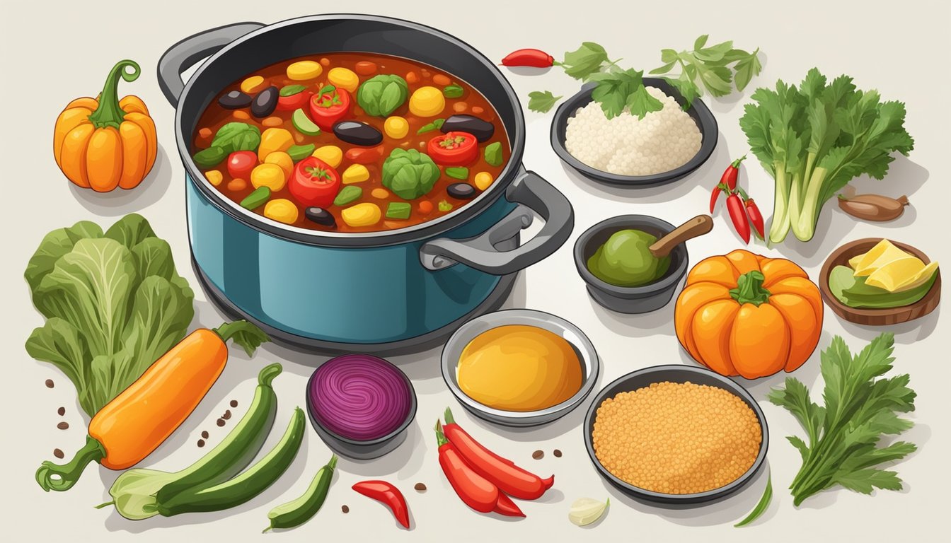 A pot of colorful vegetable and bean chili simmers on the stove, surrounded by various fresh ingredients and spices