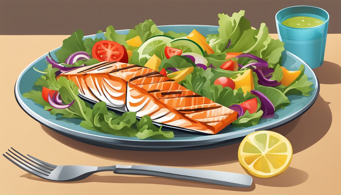 A colorful plate with grilled salmon, mixed greens, and assorted vegetables arranged in an appetizing salad