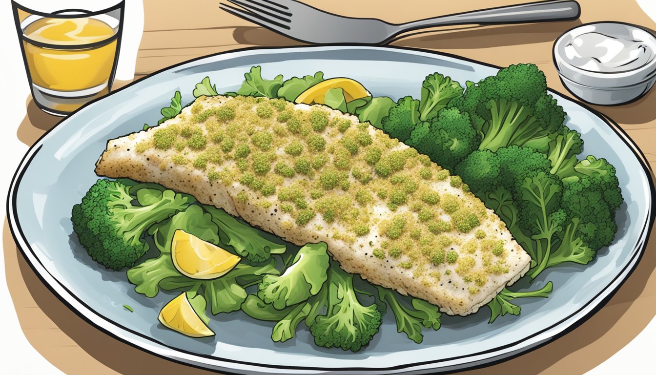 A plate with herb-crusted cod, broccoli, and a side salad arranged in the diabetes plate method