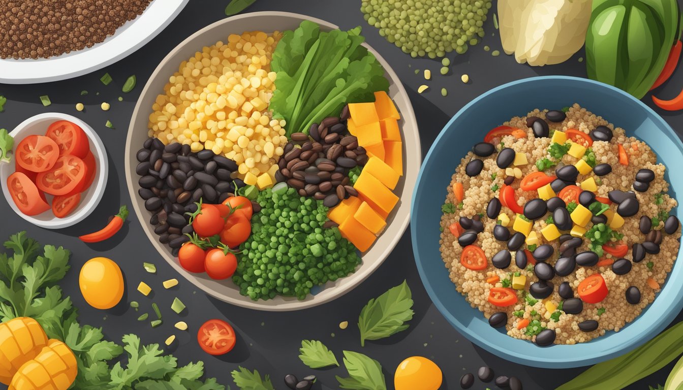 A colorful bowl filled with quinoa, black beans, and assorted vegetables, surrounded by a variety of fresh ingredients and healthy meal plan options