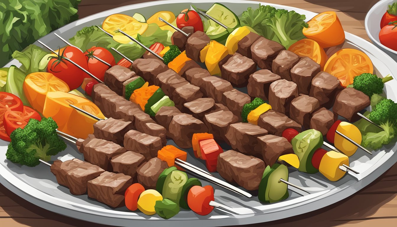 A colorful array of beef and vegetable skewers arranged on a plate according to the Diabetes Plate Method