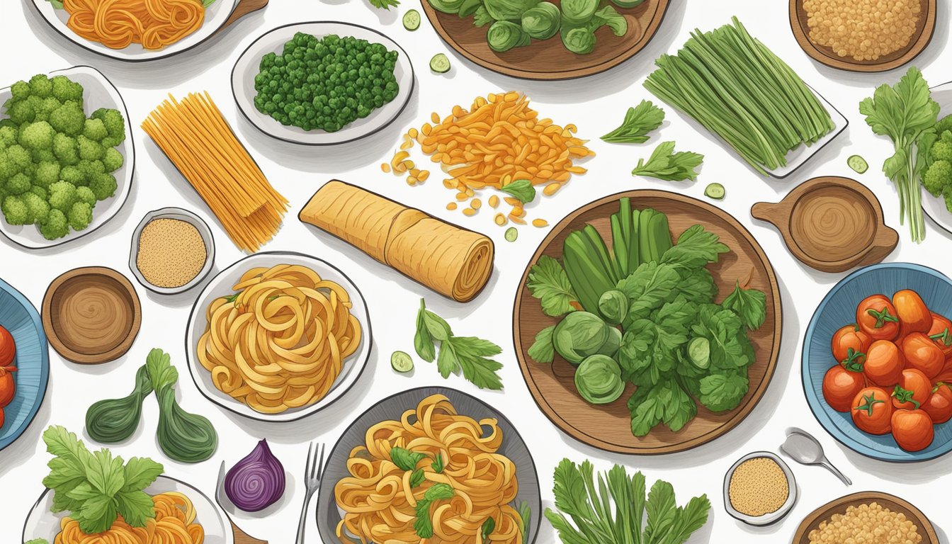 A colorful array of fresh vegetables and whole wheat pasta arranged on a family-friendly dinner table