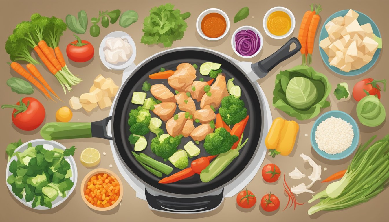 A colorful array of fresh vegetables and diced chicken sizzling in a wok, surrounded by various meal plans for gestational diabetes