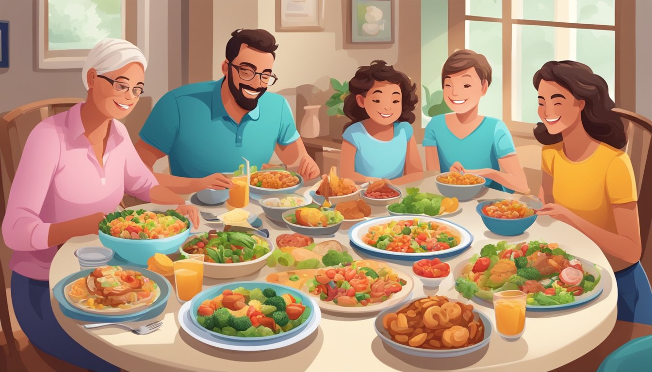 A family sitting around a dining table, enjoying a variety of colorful and delicious diabetic-friendly meals