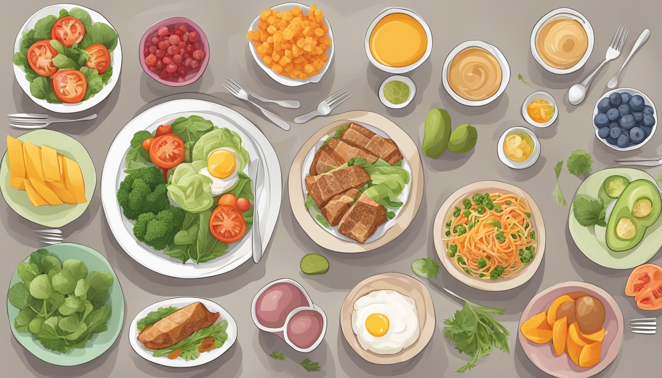 A table set with seven different meal plans, each consisting of balanced and nutritious foods tailored for gestational diabetes