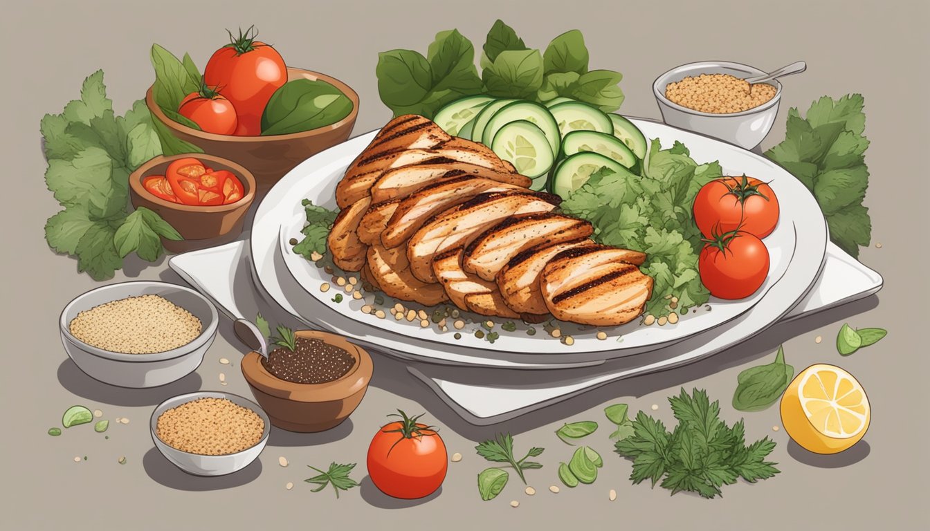 A plate of grilled chicken with quinoa salad surrounded by ingredients like tomatoes, cucumbers, and herbs