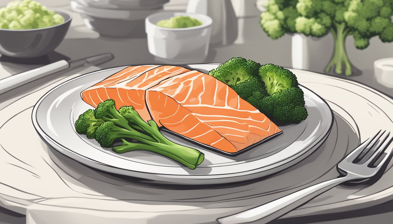 A perfectly cooked salmon fillet sits on a white plate next to a vibrant pile of steamed broccoli