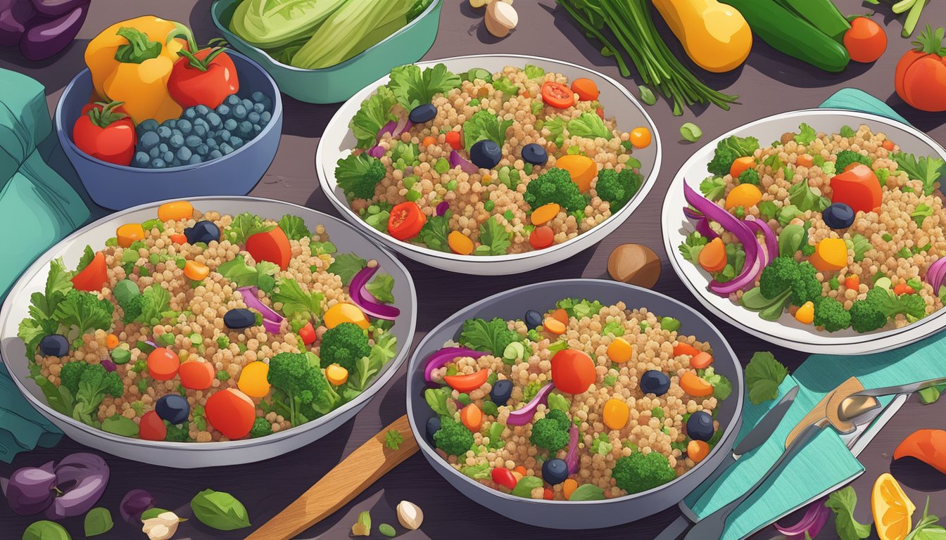 A colorful quinoa salad surrounded by a variety of fresh vegetables, with a book titled "5 Essential Meal Plans for Newly Diagnosed Diabetics" nearby