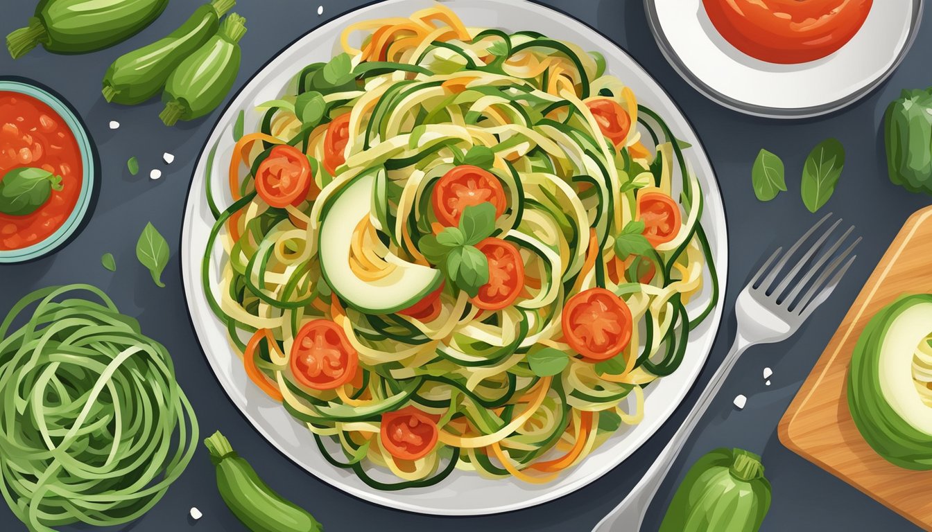 A colorful plate of zucchini noodles topped with marinara sauce surrounded by fresh ingredients and a fitness tracker