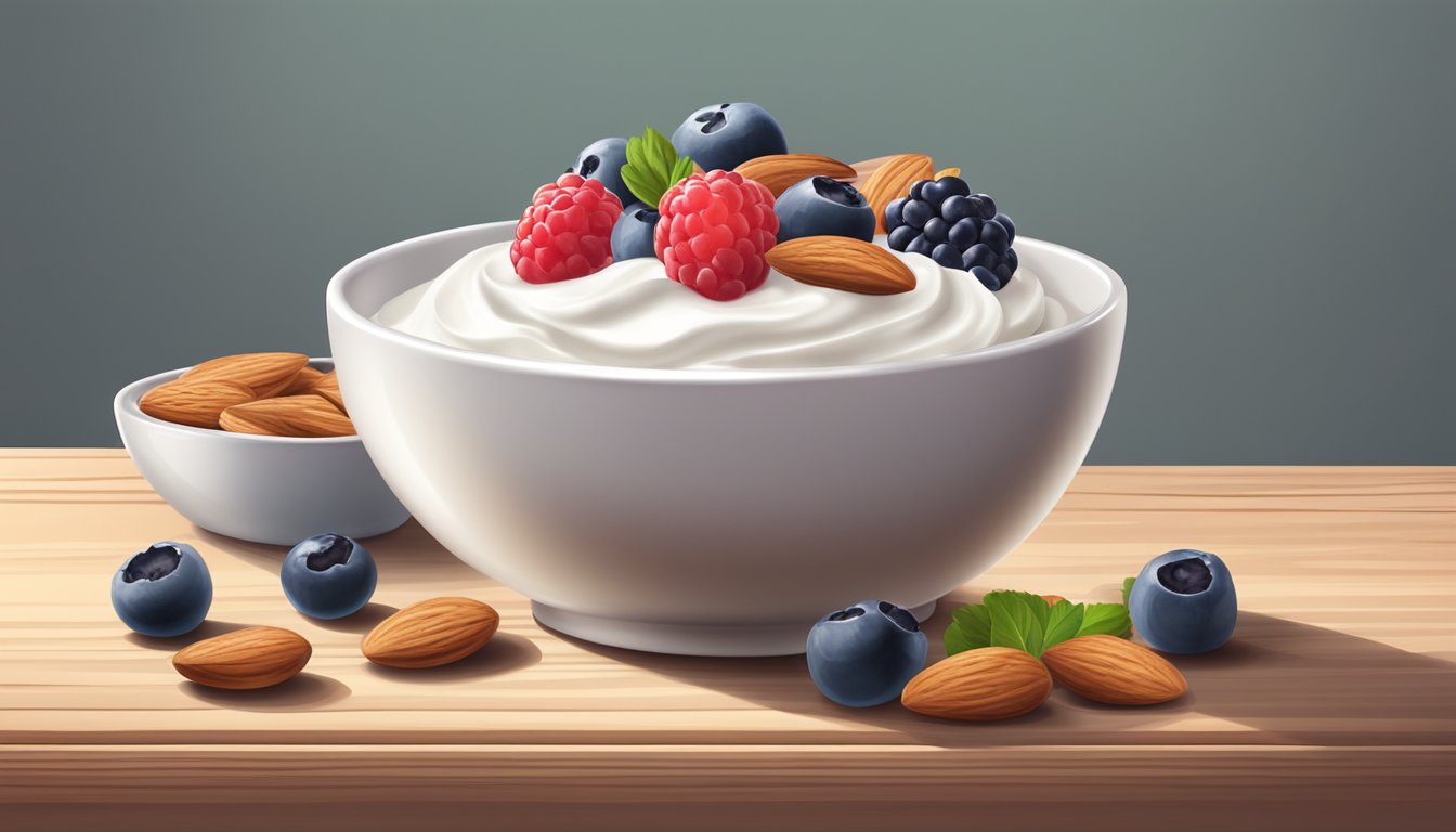 A bowl of Greek yogurt topped with fresh berries and almonds on a wooden table