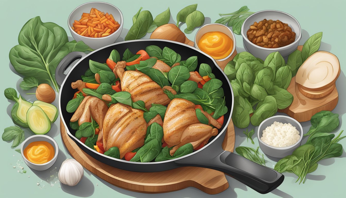 A sizzling skillet with turkey and spinach stir-fry surrounded by fresh ingredients and herbs