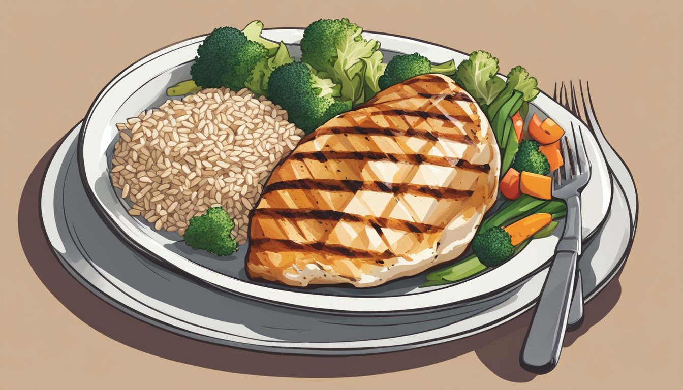 A plate with a grilled chicken breast, brown rice, and a side of vegetables, surrounded by 10 different meal plan options for diabetics