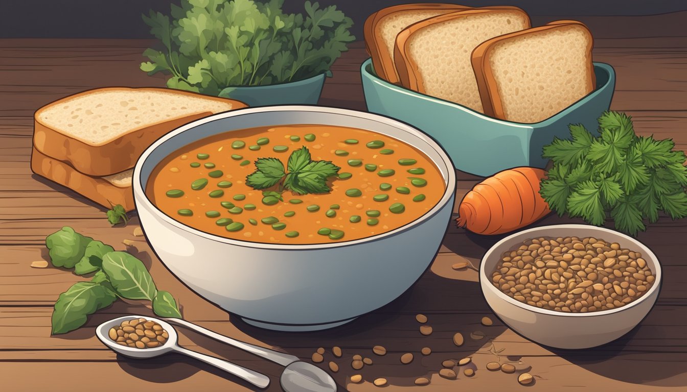 A bowl of hearty lentil soup sits next to a slice of whole grain bread on a wooden table, surrounded by fresh ingredients like vegetables and herbs