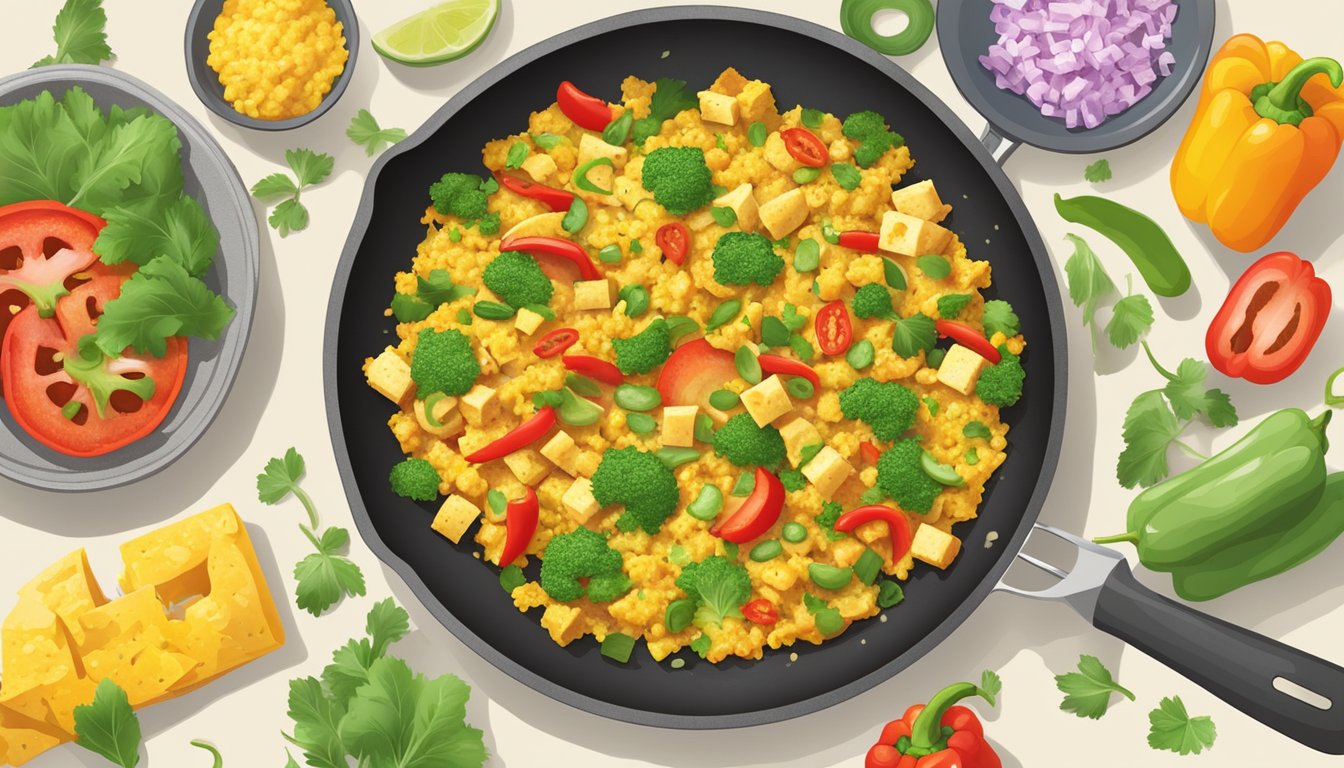 A colorful tofu scramble sizzling in a pan with diced bell peppers and other fresh ingredients