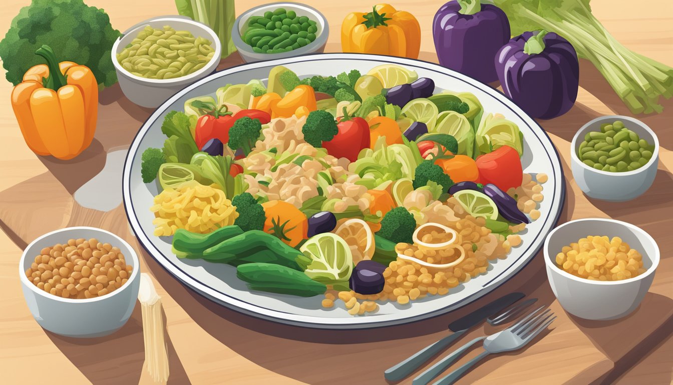 A colorful array of fresh vegetables and whole grain pasta arranged on a plate, with a variety of meal plan options displayed nearby