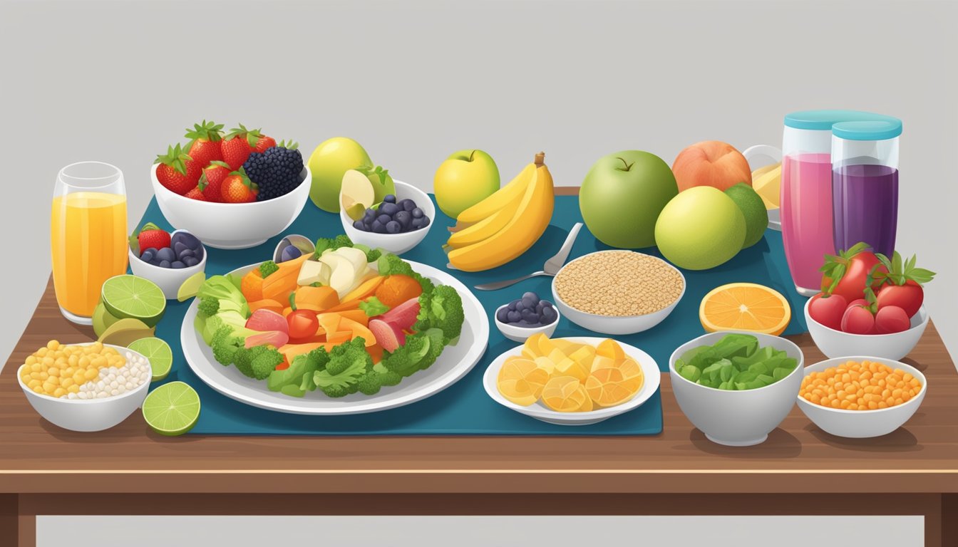 A table set with colorful, balanced meal options, including fruits, vegetables, lean proteins, and whole grains. Sports equipment in the background