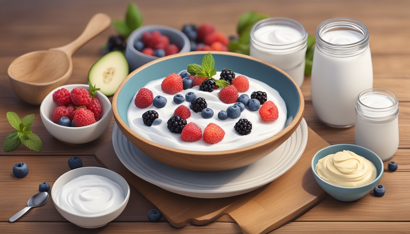 A bowl of Greek yogurt topped with fresh berries sits on a wooden table, surrounded by a variety of meal plans and a measuring tool