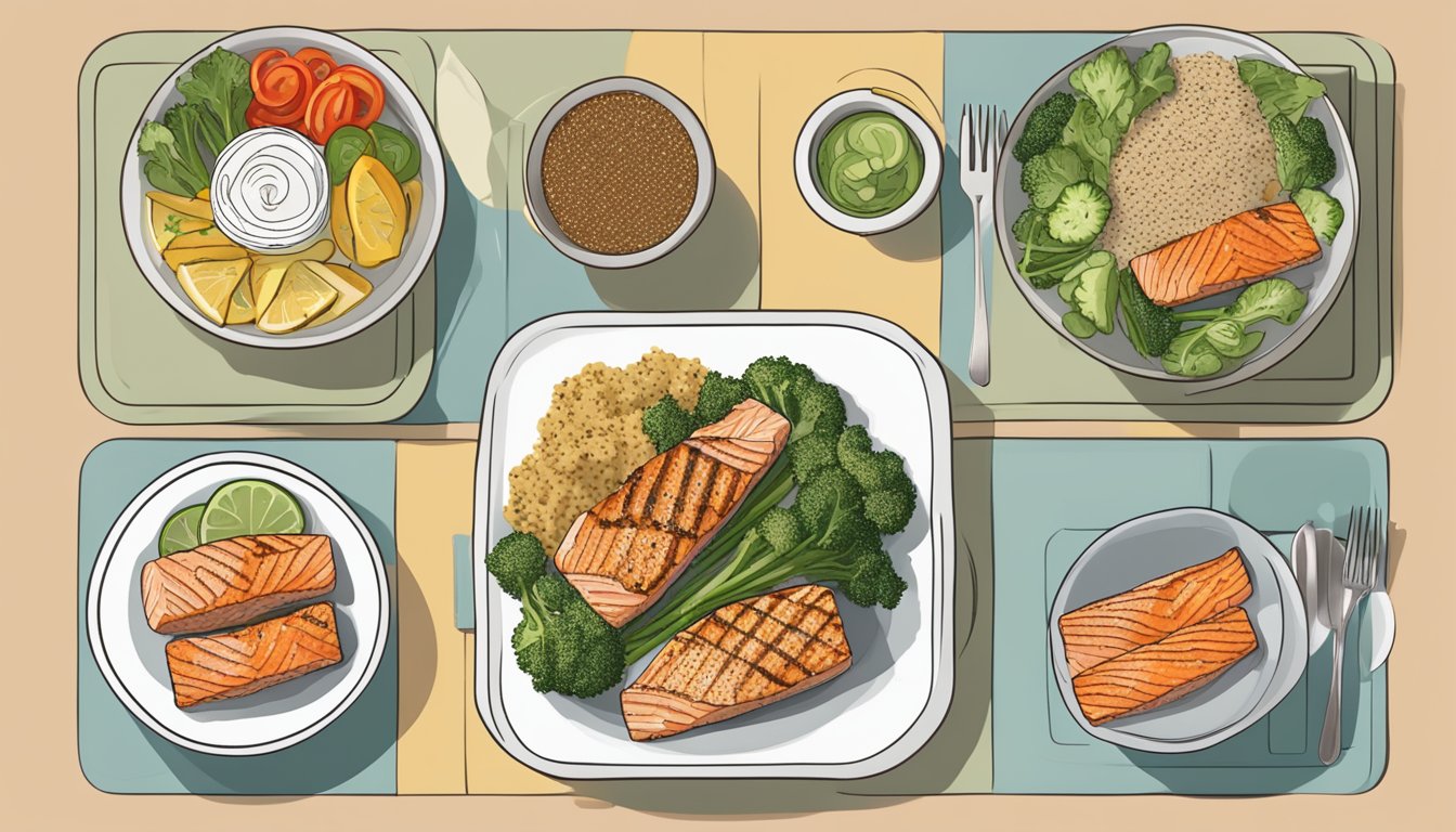 A plate of grilled salmon, quinoa, and vegetables, portioned into six individual meals with visual guides for diabetic meal planning