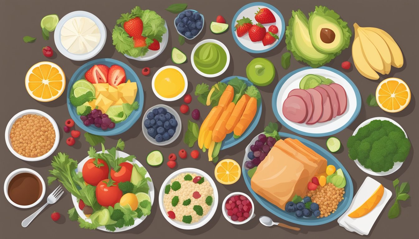 A table set with a variety of balanced, colorful diabetic-friendly meals, including lean proteins, whole grains, and plenty of fruits and vegetables