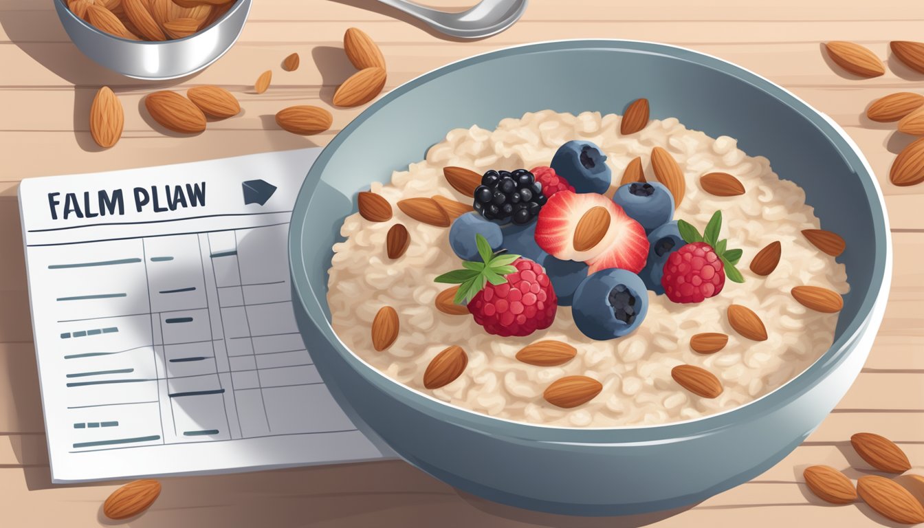 A bowl of oatmeal topped with almonds and berries on a table with 10 meal plans