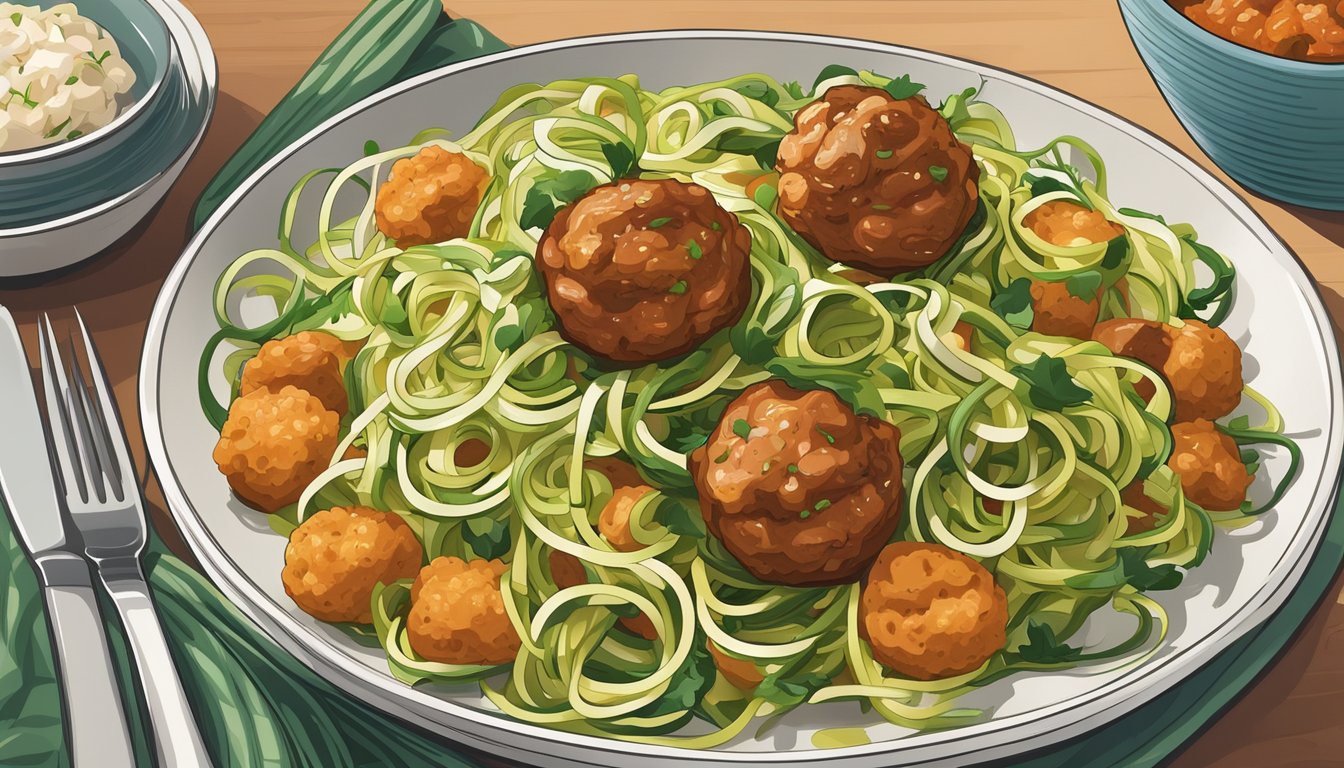 A colorful plate of zucchini noodles topped with turkey meatballs, surrounded by portion-controlled diabetic meal plans and visual guides