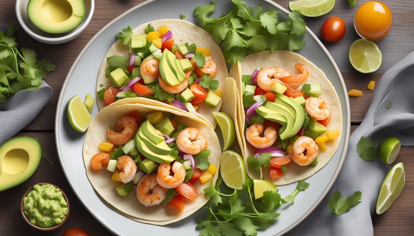 A colorful plate of shrimp tacos with avocado salsa, surrounded by fresh ingredients and a stack of diabetic meal plans