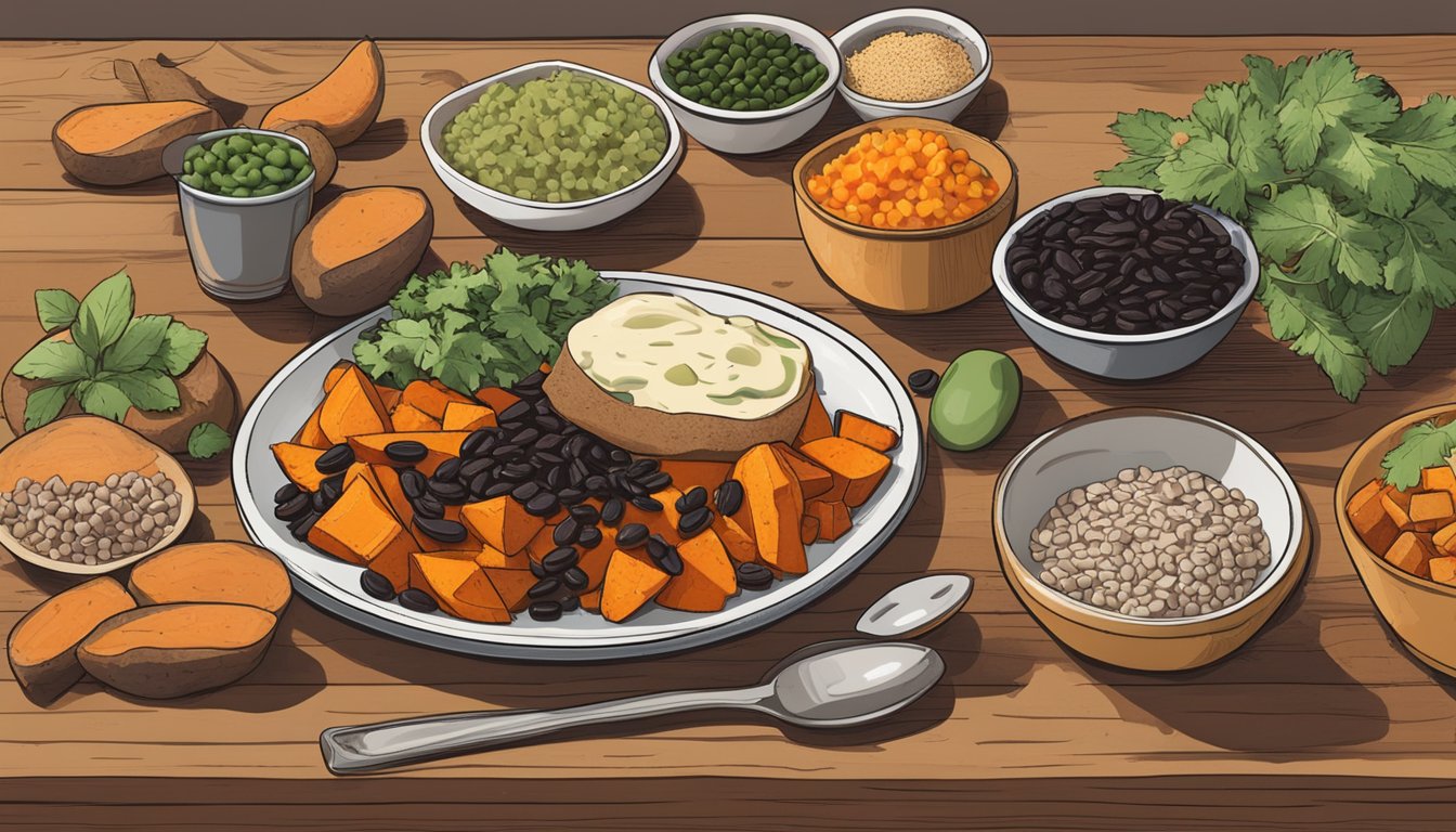 A rustic kitchen table with a plate of baked sweet potatoes topped with black beans, surrounded by various ingredients and a stack of flexible diabetic meal plans